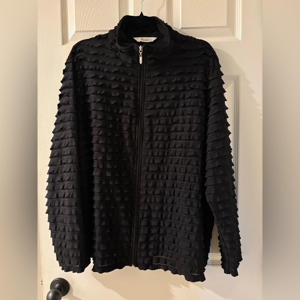 TanJay Elegant Black Ruffle Zipped Jacket XL
